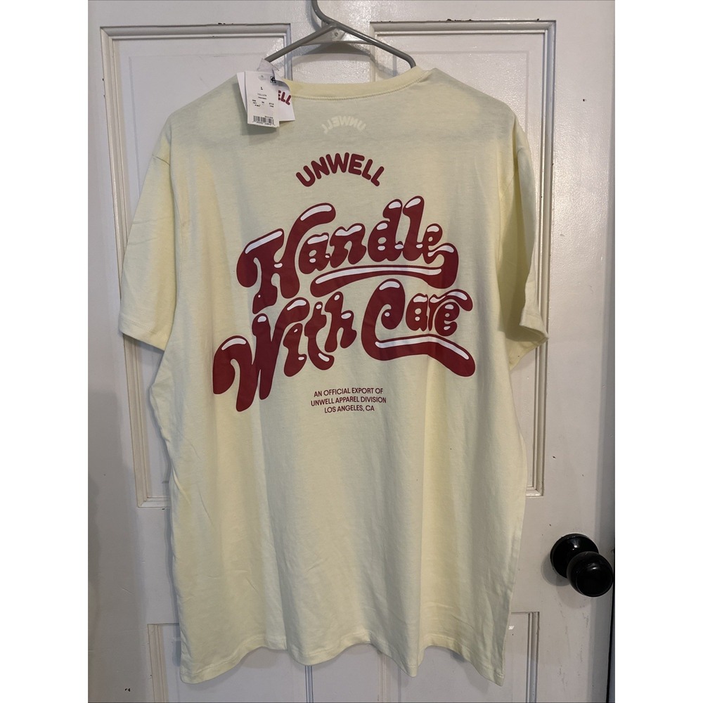 UNWELL Women's Graphic Handle With Care T Shirt Yellow NWT Size Large